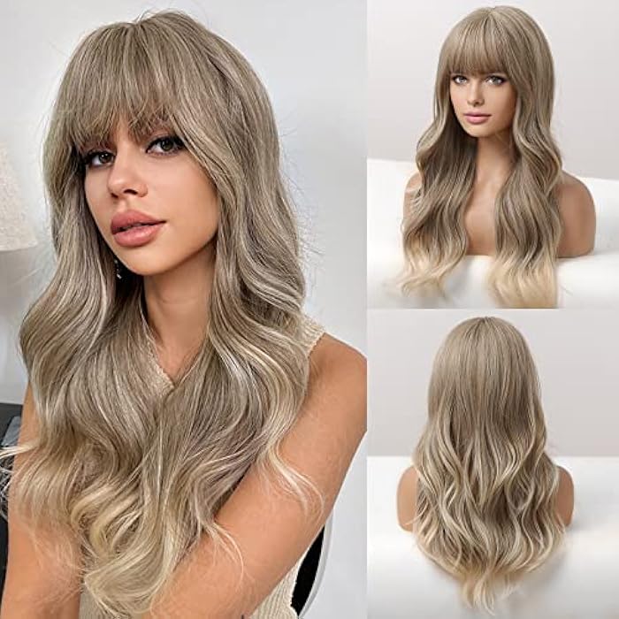 DILLARDS Haircube Long Ash Blonde Wavy Wigs For Women, Synthetic Wavy Wig With Bangs Heat Resistant Long Hair For Daily Party 24 Inch - Image 2